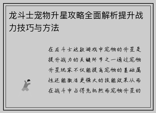 龙斗士宠物升星攻略全面解析提升战力技巧与方法