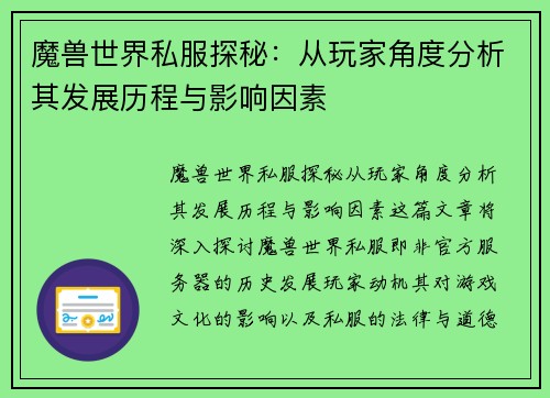 魔兽世界私服探秘：从玩家角度分析其发展历程与影响因素